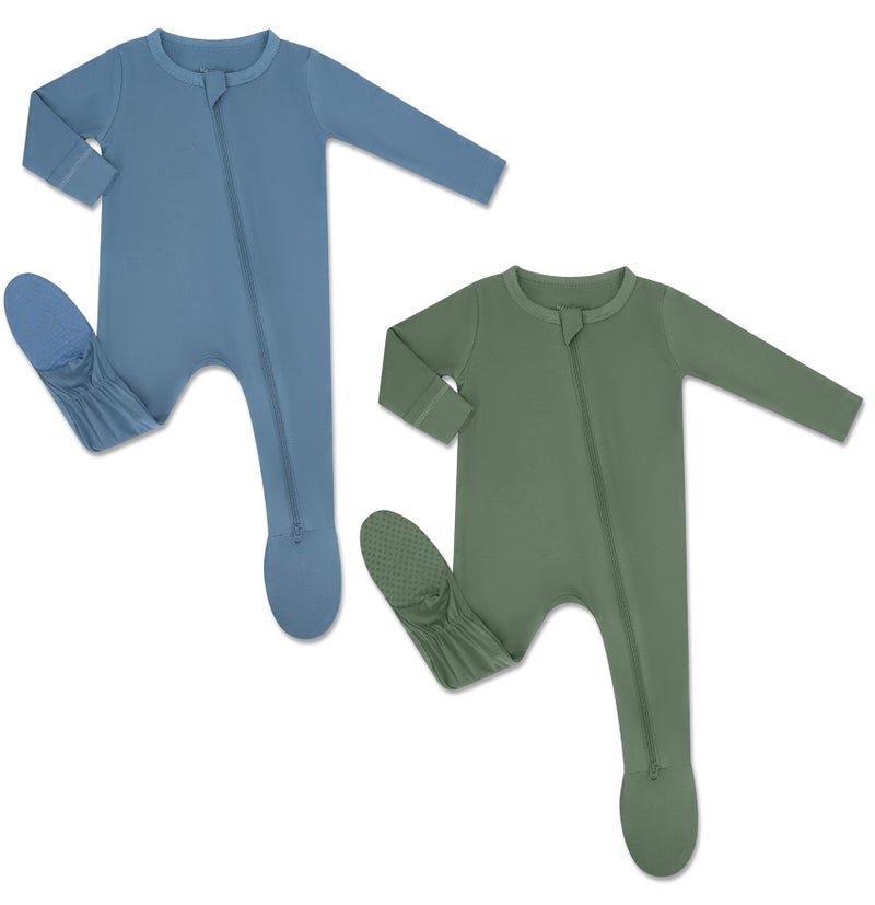 HAPIU Rayon from Bamboo Baby Footed Pajamas, 2 Way Zipper YKK, Footie for Baby Boy Girls, Newborn-24 Months, 2-Pack, Moonlight Blue&Dark Forest Green, Newborn - Image 1